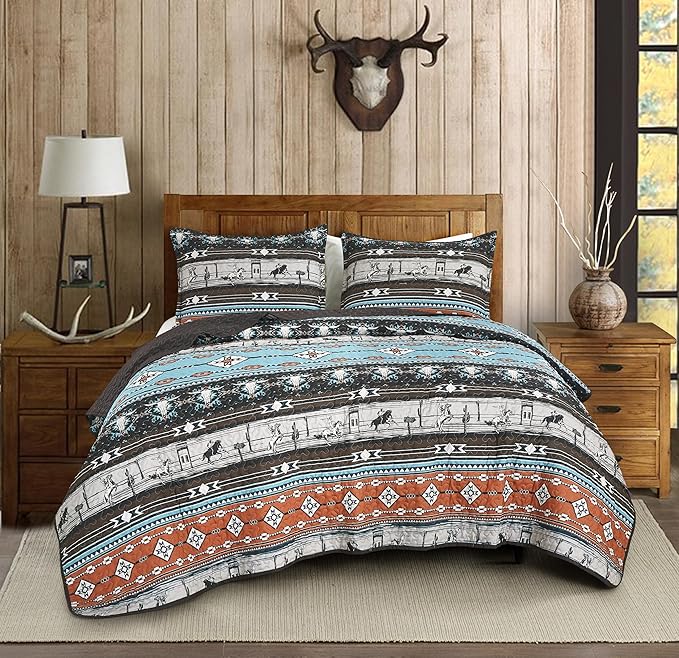 Chezmoi Collection Boone 2-Piece Southwestern Cowboys Rodeo Quilt Set Twin - Multicolor Blue Brown Beige Clay Printed Microfiber Lightweight Bedspread Set for All Season