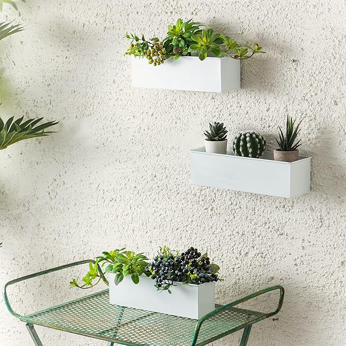 LaLaGreen Wall Planter (3 Pack, 12 Inch) Wall Hanging Plant Holders White, Large Long Rectangular Metal Wall Mounted Flower Pots, Window Sill Planters Box Fence Railings Garden Floating Shelve Outdoor