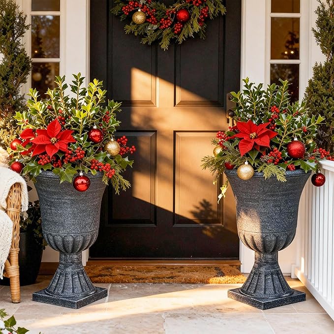 Autodaya 22" Timeless Urn Planters for Outdoor Plants, Set of 2 Plastic Large Flower Pot with Handmade Washed Black Finish, Weather-Resistant for Porch, Garden, Patio or Indoor Use