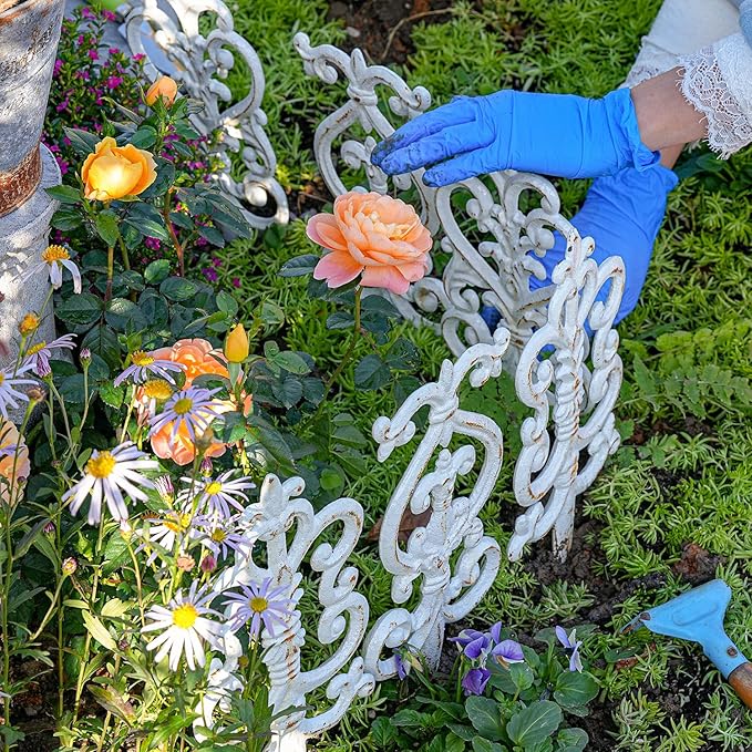 Sungmor Vintage Cast Iron Garden Stakes - 3PCS Ornate Metal Plant Stakes for Yard Art, Patio,Lawn Ornamentation,5.3inch Tall Antique White Finish,Exquisite Garden Decor