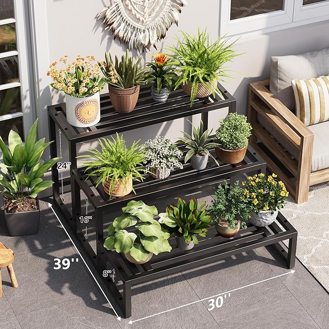 Plant Stand Indoor Outdoor,3 Tier Ladder Metal Plant Stands Riser,Heavy Duty Wrought Iron Plant Shelves for Multi Large Pots,Black Tiered Flower Display Holder for Living Room,Patio,Balcony