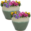 Sunnydaze Round Ceramic Planter - Set of 2 Indoor or Outdoor Plant Pots with Drainage Hole - Chalet - 12" - Seafoam Glaze