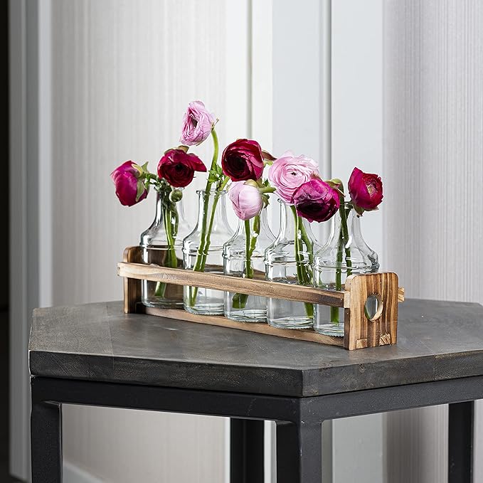 Le'raze Glass Flower Vase with Wooden Holder, Set of 6 Rectangular Bud Vases for Home Decor, Wedding, Mother's Day, Clear Glass, Metal Stand