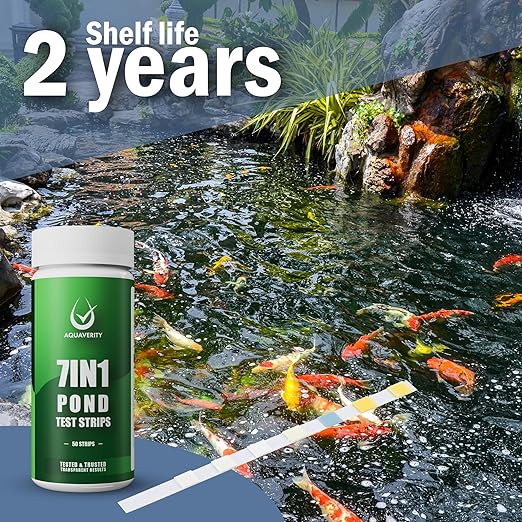 7-in-1 Pond Test Strips – Accurate Pond Water Test Kit for pH, Nitrate, Nitrite, Carbonate, Hardness, Total & Free Chlorine – Easy-to-Use Accessories for All Garden Ponds – 50 Strips