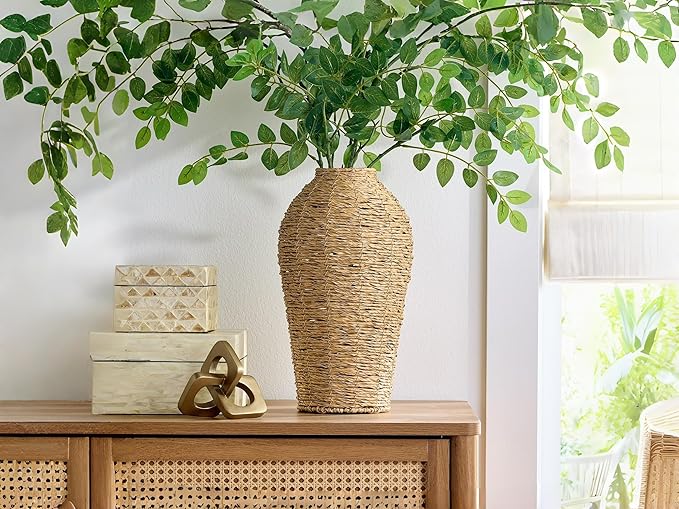 15 Inch Tall Faux Seagrass Vase, Large Woven Decorative Vase for Tabletop, Modern Boho Accent Piece for Entryway, Living Room, and TV Console
