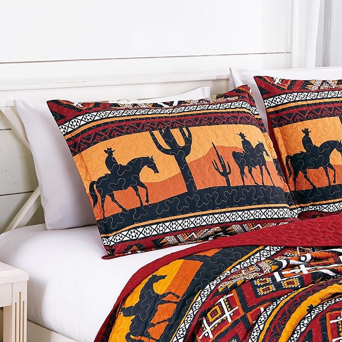Chezmoi Collection Rodeo 3-Piece Southwestern Sunset Cowboys Quilt Set Queen - Multicolor Red Orange Black White Printed Microfiber Lightweight Bedspread Set for All Season