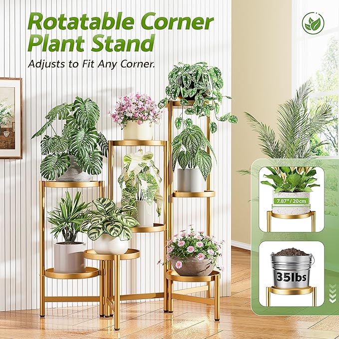 Gold Plant Stand, 8 Tiered Plant Stand Indoor for Multiple Large Planter, Tall Heavy Duty Adjustable Folding Rack with Rustproof 7.9 Inch Wide Tray, Corner Plant Shelf for Balcony - GoldDisk