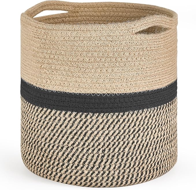 Dahey Jute Rope Plant Basket Modern Woven Storage Basket for 10.5" Indoor Planter, Decorative Flower Pots Cover Laundry Bin with Handle Rustic Home Decor, Black