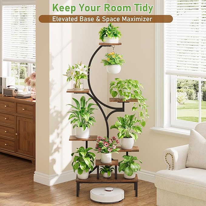Plant Stand Indoor with Grow Lights - 7-Tier Indoor Plant Shelf with Elevated Base & Hanging Hook, 63" Corner Plants Stands for Multiple Plant Sizes, Multi-Tiered Lighted Rack for Living Room, Black