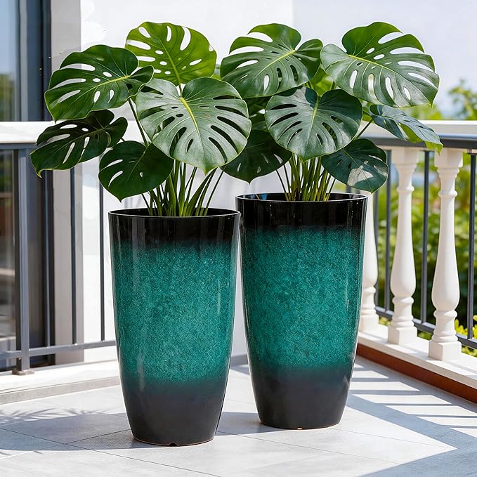 Autodaya 23.8" Tall Outdoor Planters Set of 2, Ceramic-Look Large Flower Pots for Indoor Outdoor Plants, All Seasons for Porch, Balcony, Garden, Patio or Home Art Decor, Gradient Turquoise Finish