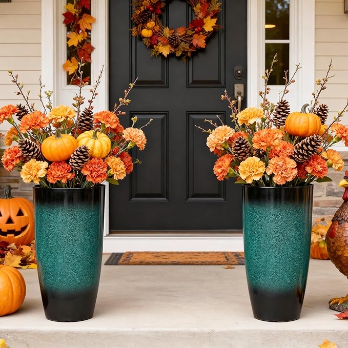 Autodaya 23.8" Tall Outdoor Planters Set of 2, Ceramic-Look Large Flower Pots for Indoor Outdoor Plants, All Seasons for Porch, Balcony, Garden, Patio or Home Art Decor, Gradient Turquoise Finish