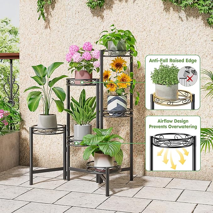 Plant Stand Outdoor Metal 6 Tier for Multiple Plants Corner Balcony Living Room Tall Indoor Plant Shelf Black Circle