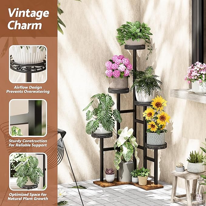Plant Stand 6 Tier Indoor Outdoor Metal Wood Flower Shelf Corner Flower Holders for Living Room Balcony Garden Patio