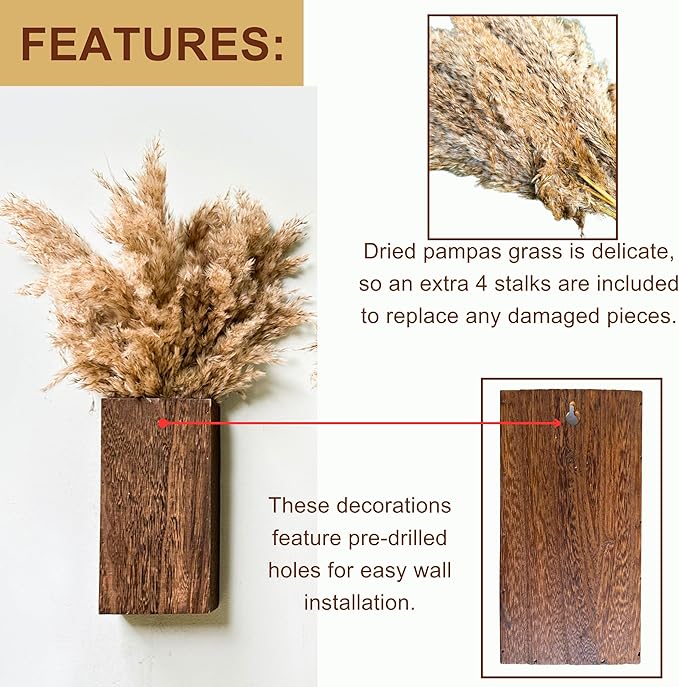 LaLaGreen Wood Wall Planters (8 Inch, 2 Pack) 16 Stalks of Pampas Grass Dried Flower, Wooden Box Vases for Indoor Hanging Planter Rustic Decor Home Living Room Bathroom Modern Farmhouse Decoration