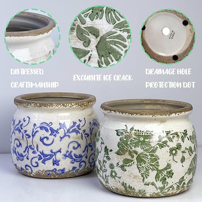 Dosayes Vintage Ceramic Ice Crack Flower Pot with Drainage Holes, Country Rustic Planters for Indoor and Outdoor,Tuscan Decor,Home,Living Room, Garden Decor, Gardening Gift (Country)