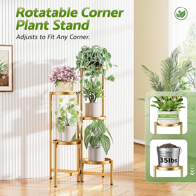 Gold Stand Plants, 5 Tiered Plant Stand Indoor for Multiple Large Planter, Tall Heavy Duty Adjustable Folding Rack with Rustproof 7.9 Inch Wide Tray, Plant Shelf for Corner - GoldDisk