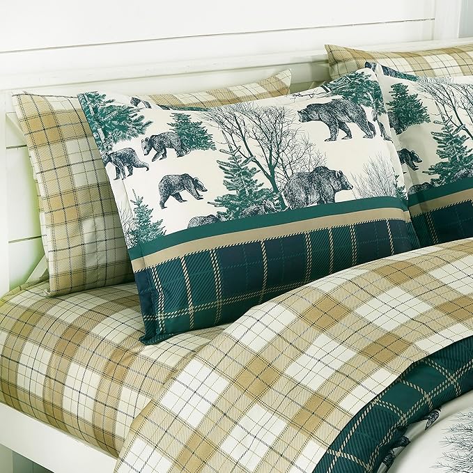Chezmoi Collection Alpine 7-Piece Northwest Cabin Lodge Bed in a Bag Queen Comforter Set - Blue Green Ivory Tan Grizzly Bear Pine Tree Wilderness Printed Microfiber Bedding Set