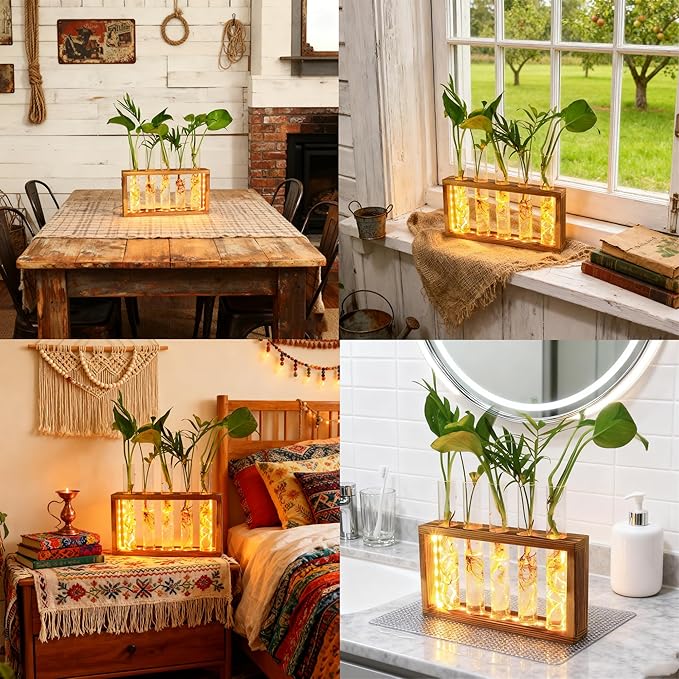 Plant Propagation Station with LED Lights, Plants Terrarium with Wooden Stand, 5 Glass Test Tube Vases for Propagating Hydroponic Plants Cutting Office Home Desk and Garden Decor Gift for Plant Lovers