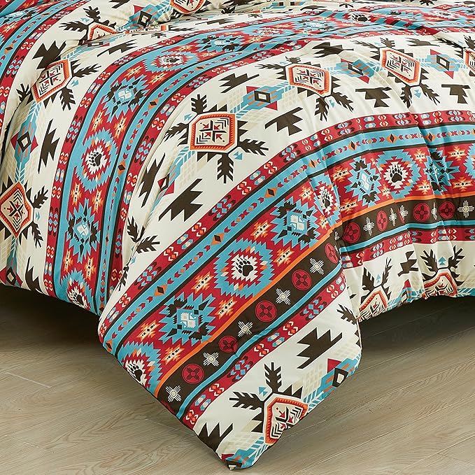 Chezmoi Collection Tona 2-Piece Southwestern Geometric Motif Comforter Set - Multicolor Red Brown Blue Cream Printed Washed Microfiber Bedding, Twin