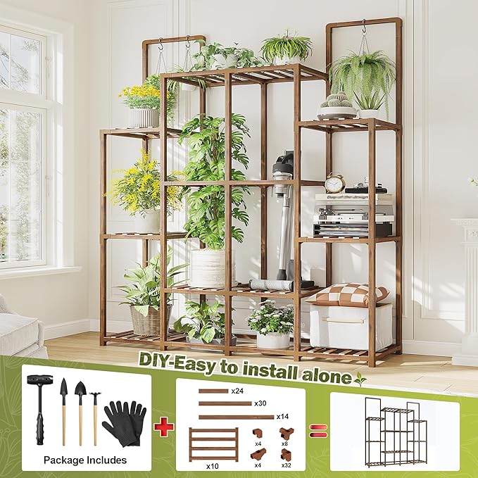 EnHomee Plant Stand Indoor Tall Plant Stand Outdoor Large Wood Plants Shelf with 12-14 Pots for Patio, Living Room, Garden, Balcony, 44.8" Wx47.2 Hx11.78 D