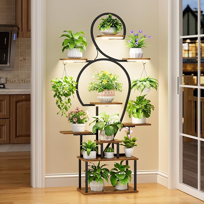 POZILAN Plant Stand Indoor with Grow Lights, 63'' Tall Indoor Plant Shelf, 9 Tiered Lighted Plant Stands for Living Room, Metal & Wood Corner Large Flower Holder for Alcony, Patio & Home, Black