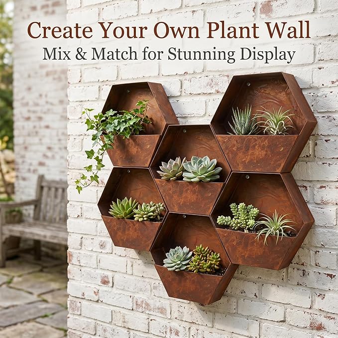 Topadorn Metal Hanging Planter Flower Pot Metal Container Wall Pocket Garden Bucket for Indoor or Outdoor Balcony Patio, Octagon 12"