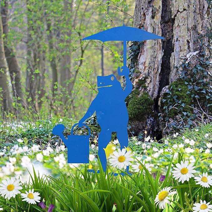 Rusty Metal Frog Garden Stake Funny Frog with Umbrella Rustic Nature Animal Country Weathered Iron Lawn Ornament Farm Yard Outdoor Decor, Royal Blue