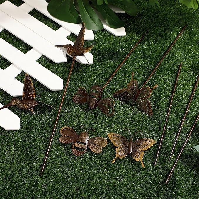 AceOrbit 6 Pcs Rusty Yard Stakes Spring Decor 11.8" Metal Butterfly Hummingbird Bee Stakes Rust Proof Plant Sticks Flowers Bed Decor for Farmhouse Outdoor Yard Lawn Patio Walkway Pathway (Insect)