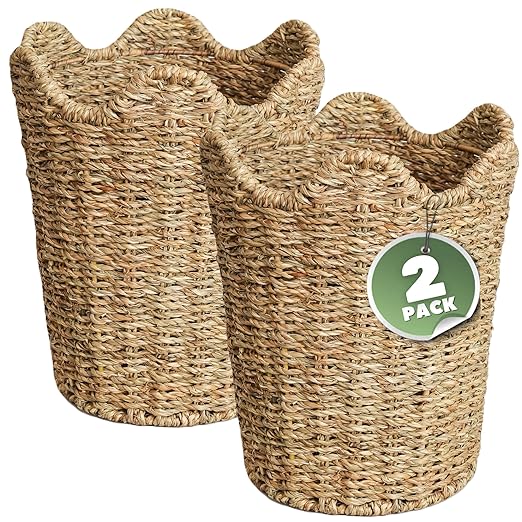 84ECO 2-Pack Scalloped Seagrass Waste Baskets for Bathroom, Bedroom, Office - Scalloped Decor