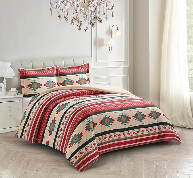 Chezmoi Collection 3-Piece Southwestern Geometric Tribal Multicolor Cream Red Teal Orange Comforter Set, Queen Size