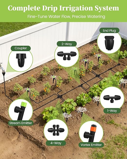 RAINPOINT Drip Irrigation System, Quick-Connect Garden Watering System Kit with Adjustable Emitters for Greenhouse, Garden Grid, Raised Bed, Potted Plants (15 ft Main Tubing + 25 ft Irrigation Tubing)