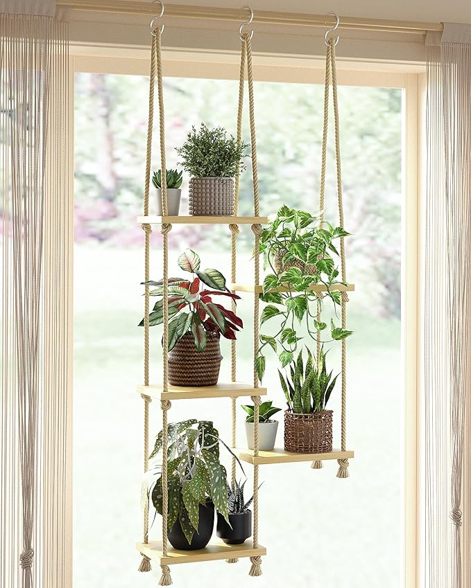 GENTINGBRO Window Plant Shelves Macrame Plant Hanger Floating Shelves Window Sill Shelf for Plants Hanging Plant Stand Indoor Window Plant Holder Boho Decor Living Room Bedroom Wall Decor
