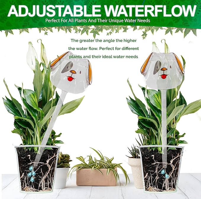 Aqua Glass Plant Watering Globes Automatic Self Watering Plant Insert Spike Orbs - Indoor Outdoor Plant Drip Irrigation - For Flowers, Herbs, Houseplants (Puppy Dog Globes, 4, Units)