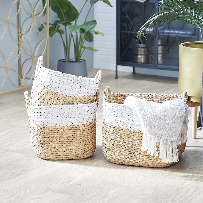 Deco 79 Seagrass Handmade Two Toned Storage Basket with Handles, Set of 3 19", 17", 15"W, Brown