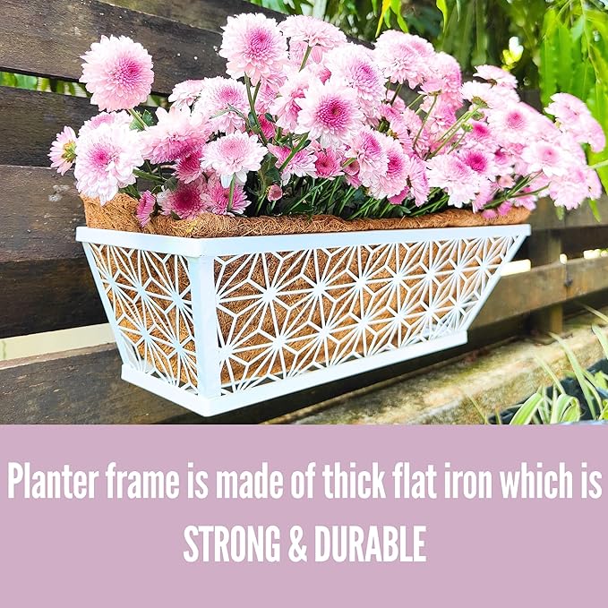 LaLaGreen Window Boxes Planter (2 Pack, 16 Inch) White Metal Rectangular Wall Planters with Coco Liner, Horse Trough Deck Railing for Outdoor Plants Holder, Modern Rail, Balcony, Fence, Porch Patio