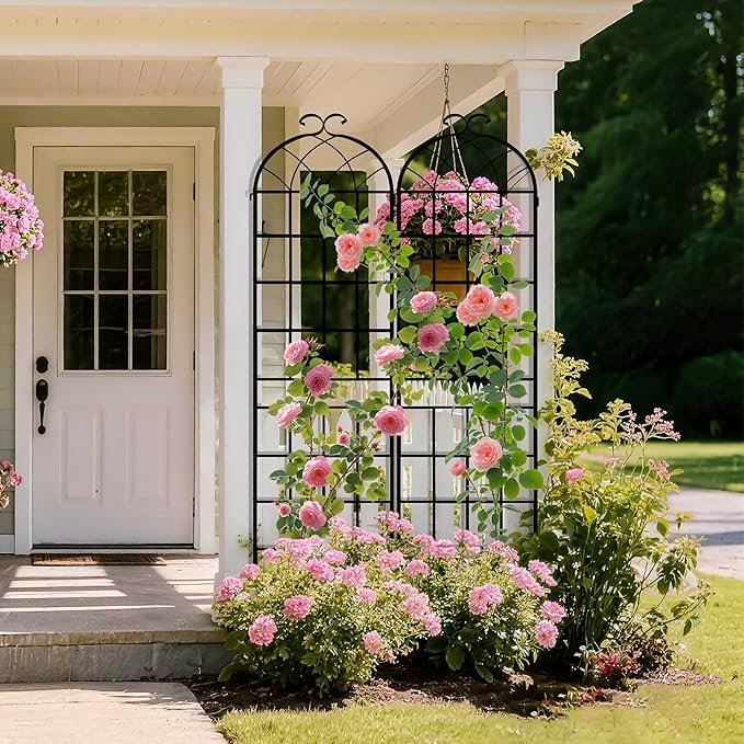 LZRS 2 Pack 83x20in Rustic Iron Arch Decoration Garden Trellis with Black Metal Coating – Perfect for Supporting Climbing Plants Outdoor, Roses, Vines, Flowers, and Vegetables.