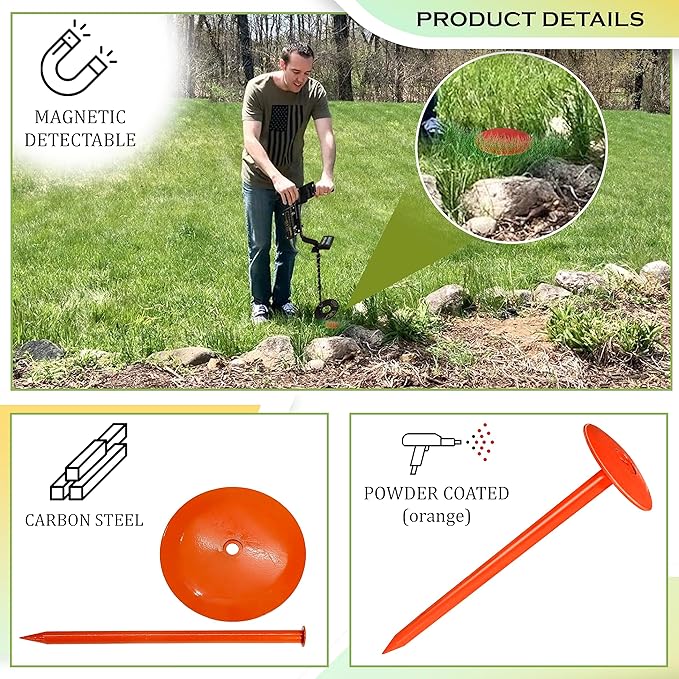 FEBTECH - Septic Tank Marker - 2.7" x 10" - Suitable Property line Markers for Protecting Your Septic Tank and Property Boundary with Solid and Sturdy Survey Stakes - Pack of 10 Pcs + 1 Hammer