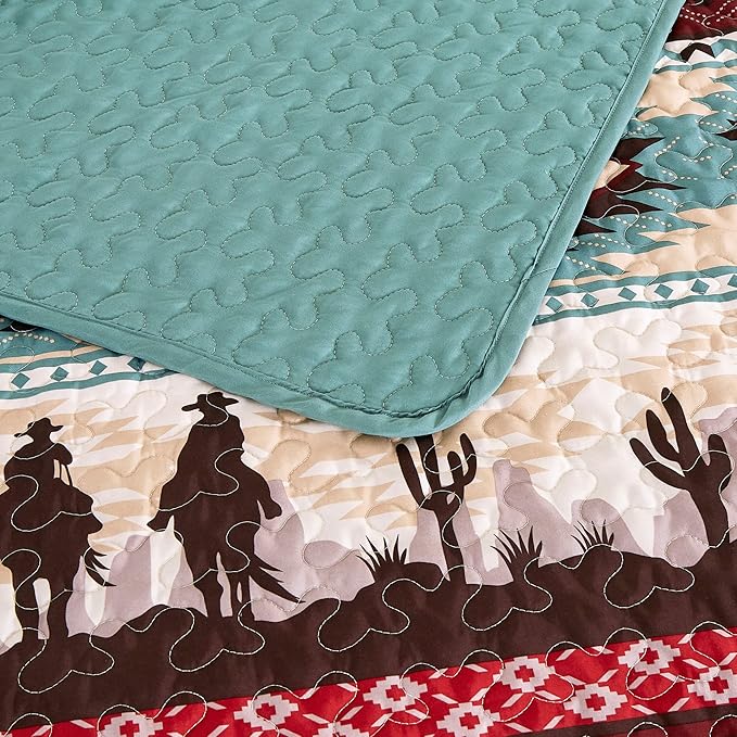 Chezmoi Collection Dune 3-Piece Southwestern Cowboys Aztec Quilt Set - Multicolor Teal Brown Beige Tan Red Printed Microfiber Bedspread Set, King (118" x 95")