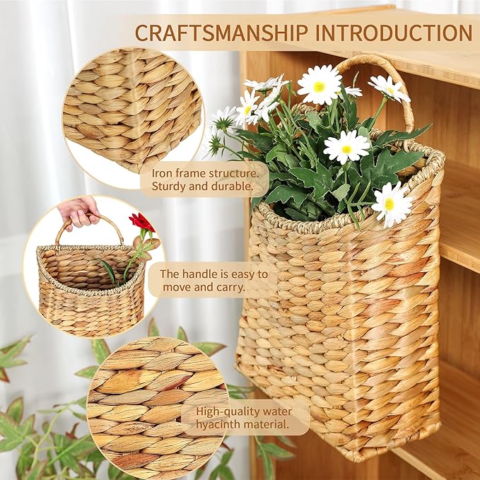 Front Door Basket - Rustic Farmhouse Hanging Door Basket, 13x8.5 Inch Water Hyacinth Hanging Woven Basket with Seagrass Mouth for Plants, Mail & Flowers Storage, Entryway Home Decor