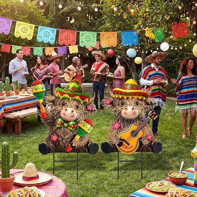 Amyhill 2 Pcs Cinco De Mayo Highland Cow Garden Stakes, Mexican Fiesta Metal Outdoor Decor, Western Cowboy Welcome Yard Signs for Patio, Lawn, Walkway, Garden, Cinco De Mayo Party Decorations