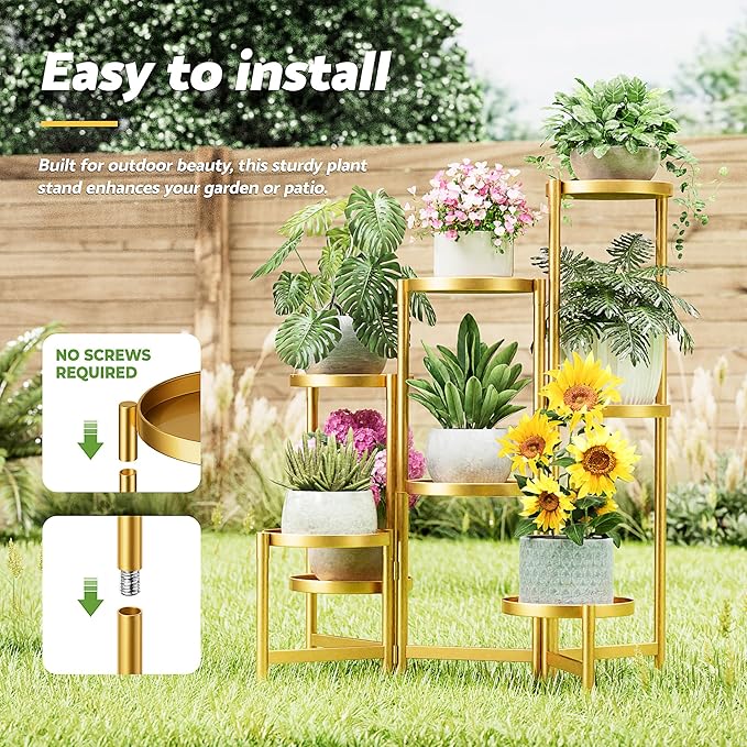 Gold Plant Stand, 8 Tiered Plant Stand Indoor for Multiple Large Planter, Tall Heavy Duty Adjustable Folding Rack with Rustproof 7.9 Inch Wide Tray, Corner Plant Shelf for Balcony - GoldDisk