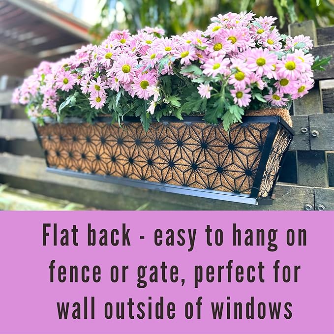 LaLaGreen Window Boxes Planter for Outdoor Plants (4 Pack, 24 Inch) Black Metal Rectangular Flower Pot Wall Planters with Coco Liner, Modern Stylish Horse Trough Railing Deck Rail Fence Balcony Patio
