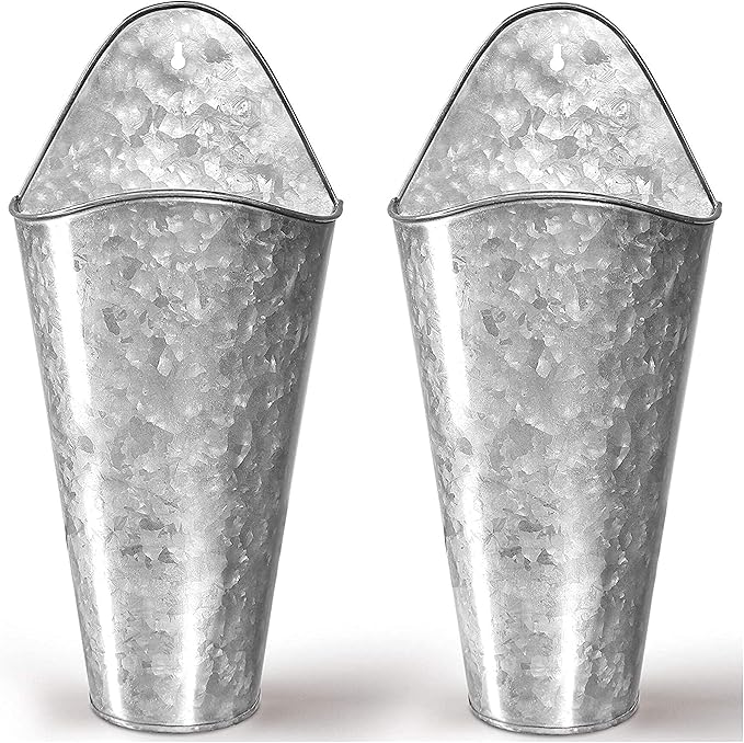Galvanized Wall Planters - Two (2) Large Premium. Farmhouse Metal Hanging Vase. Rustic Decor. Tall Container for Easter Flowers or Planets. Tin Style Bucket or Pocket
