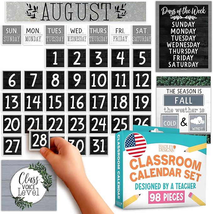 Hadley Designs Classroom Calendar Set Bulletin Board Decorations - Neutral School Calendar for Classroom Decor, Kindergarten Preschool Elementary Teacher Must Haves, Homeschool & Daycare Essentials