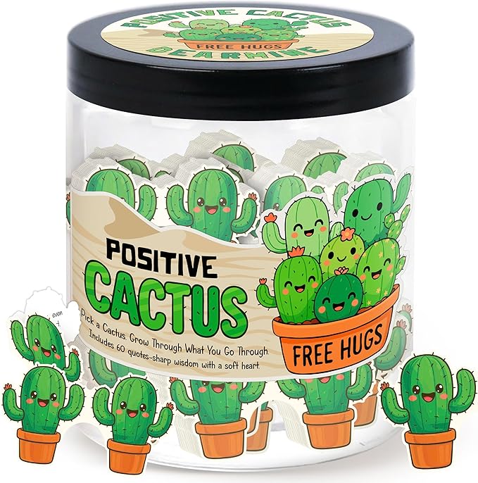 Positive Cactus Jar with 60 Daily Affirmation Cards, Emotional Support Plant Cactus Gifts, Stress Relief, Motivational Gift, Cactus Plushies, Mini Plant Toy Decor, Funny Gifts for Women, Positive Toy