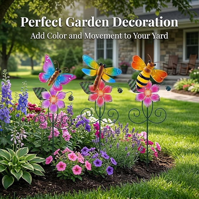 Topadorn Floral Garden Stakes Outdoor Plant Pick Waterproof Metal Flower Garden Stakes for Lawn Yard Patio,Pathway and Planter Pot Decor,Set of 3,Bee,Butterfly and Dragonfly