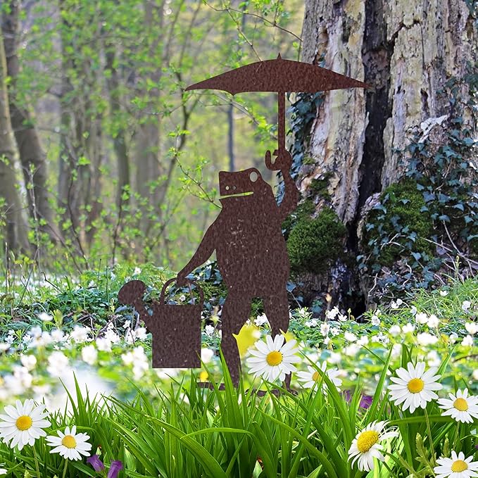 Rusty Metal Frog Garden Stake Funny Frog with Umbrella Rustic Nature Animal Country Weathered Iron Lawn Ornament Farm Yard Outdoor Decor,Purple Copper