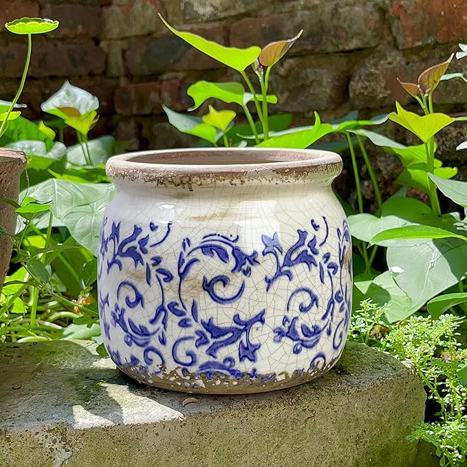Dosayes Flower Pot,Vintage Ceramic Pot for Planter with Drainage Holes, 6.29 inch Ice Crack Glazed Indoor Planters Pot for Indoor,Tuscan Home Decor,Gardening Gifts,Blue and White (Tropical)
