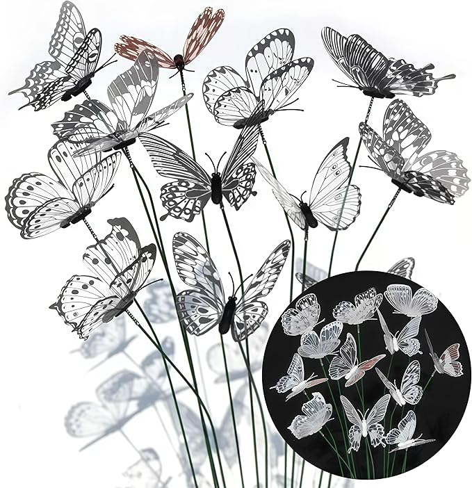 3D Butterfly Stakes,20PCS Butterfly Garden Stake Decor for Flower Bouquet Outdoor Indoor Yard Art Patio Plant Pot Flower Bed Home Décor,Butterfly Plant Stakes with Bendable Stick(Black&White)