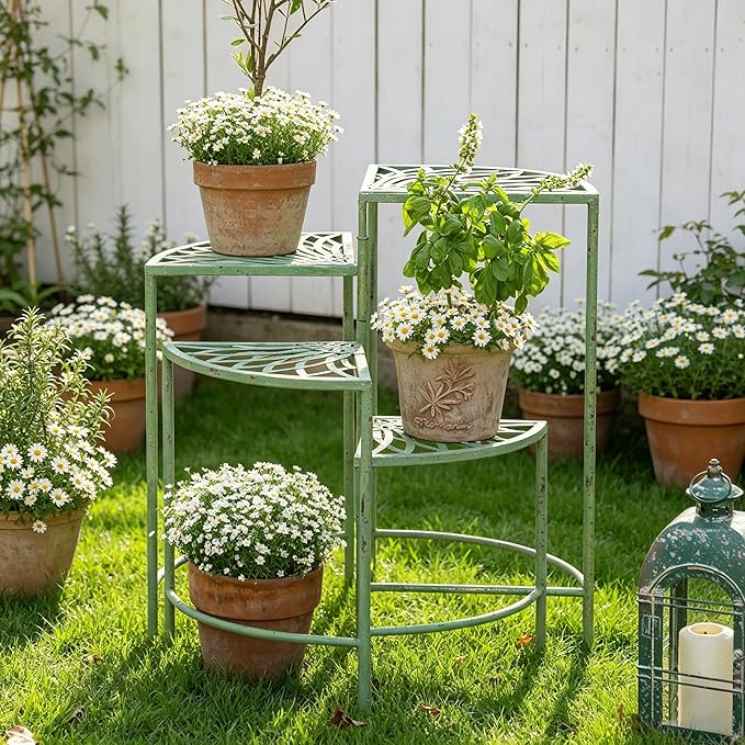 Vintage 4-Tier Metal Plant Stand for Indoor Outdoor Rustic Foldable Fan Shape Corner Plant Rack Distressed Green Flower Pot Holder Shelves for Patio Porch Garden Balcony Living Room (Green)